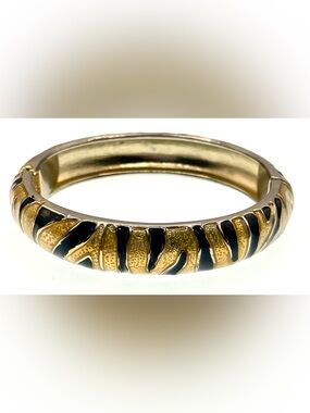 Vintage 80s Tiger Stripe Hinged Bangle Bracelet Gold Tone Black Enamel Statement